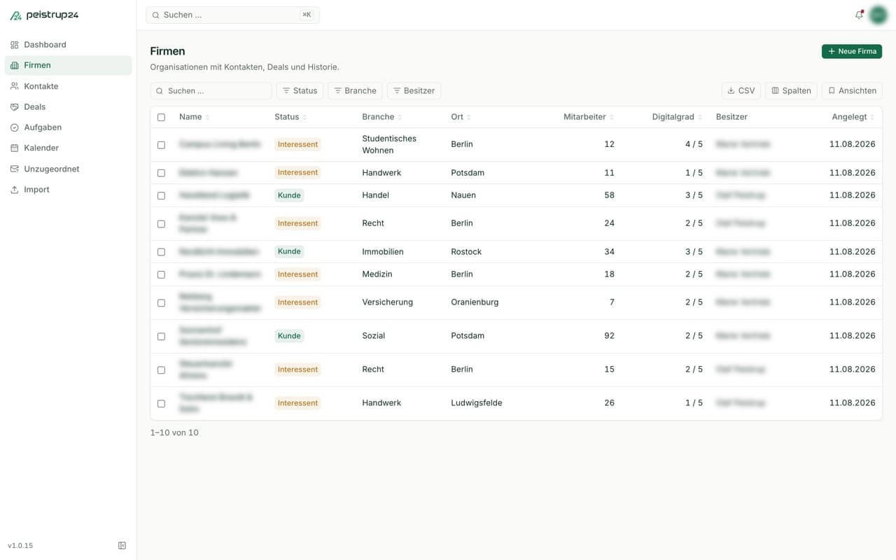 Screenshot: peistrup24 CRM (Ansicht 3)