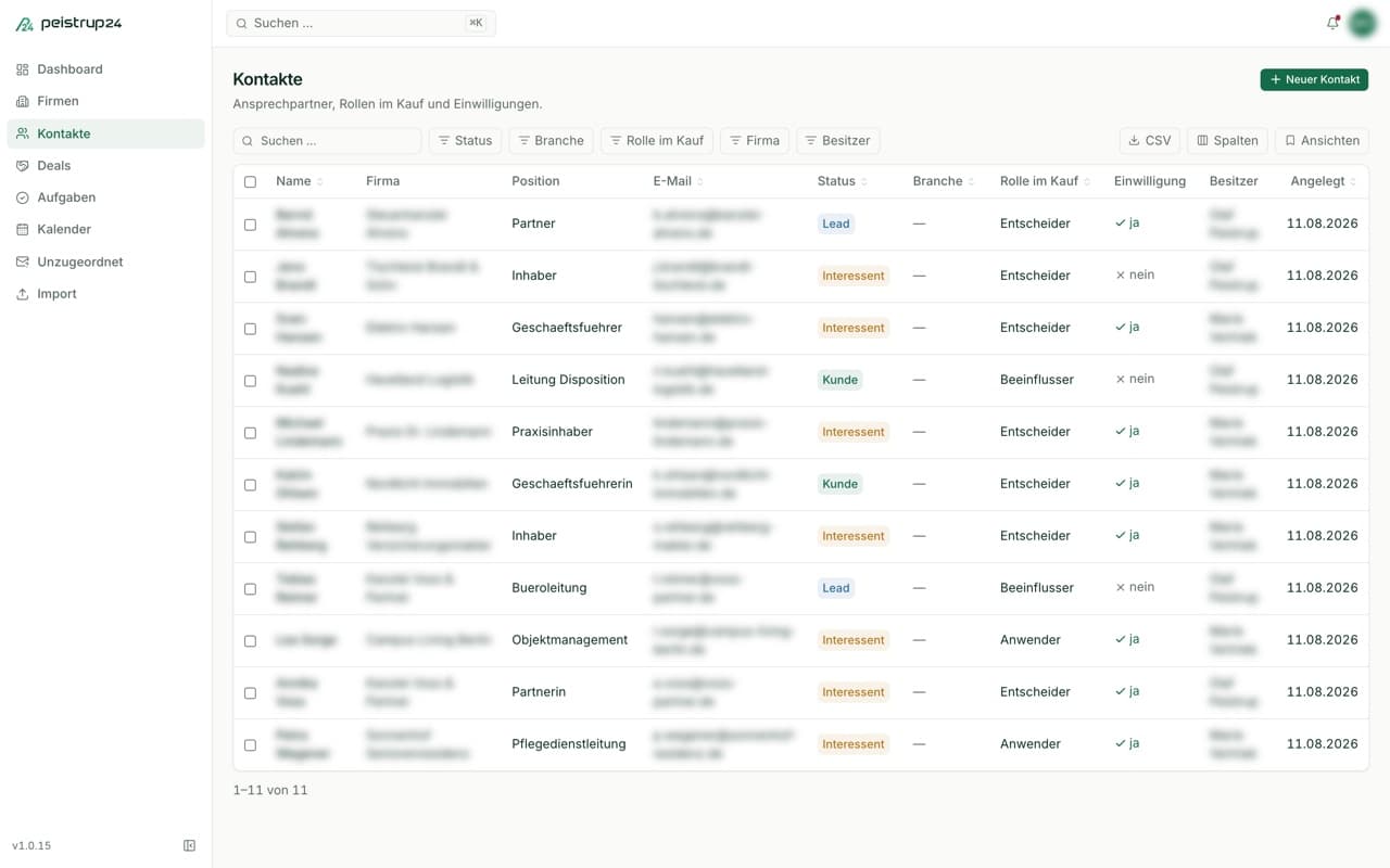 Screenshot: peistrup24 CRM (Ansicht 5)
